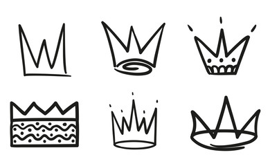 Monochrome crowns on white. Hand drawn simple objects. Line art. Black and white illustration. Sketchy elements for design
