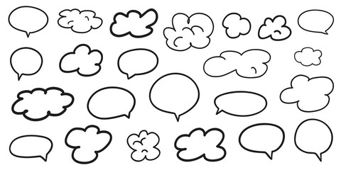 Hand drawn infographic elements on isolation background. Abstract clouds. Set of think and talk speech bubbles. Doodles on white. Black and white illustration