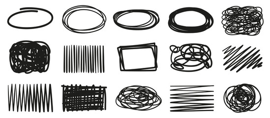 Hand drawn hatching shapes on isolated white background. Geometric chaotic shape with lines. Wavy tangled doodle. Black and white illustration