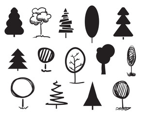 Monochrome trees on white. Set for design on isolated background. Geometric art. Objects for polygraphy, posters, t-shirts and banners. Black and white illustration