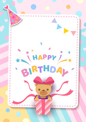 Happy Birthday greeting card with bear in present box on frame