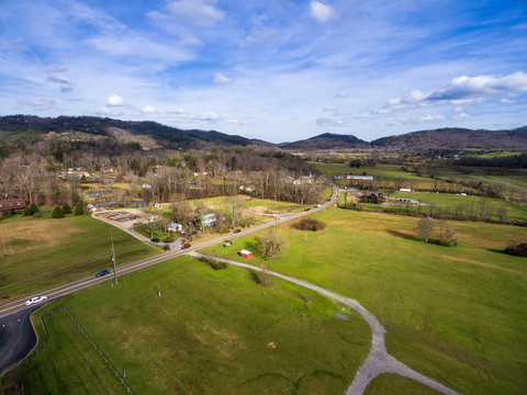 Aerial view city of Townsend in Tennessee next to the Smoky Mountains
