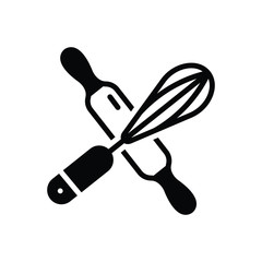 Black solid icon for crossed rolling pin and whisk 