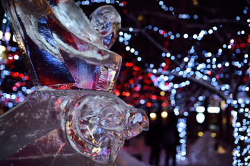 Falcon Horus Egyptian god ice sculpture with purple lights at Yorkville Village Park Annual Icefest...