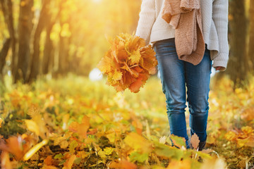 Beautiful Autumn Woman with Autumn Leaves on Fall Nature Background.