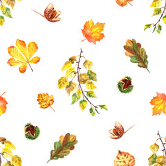 Watercolor autumn seamless pattern with leaves and nuts isolated on a white background