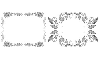 Tropical hand-drawn floral rectangular shaped frames. Outline set. Jungle illustration. Floral set. Vector isolated collection. Natural spring wedding card. Summer tropical leaf. Botanical frames