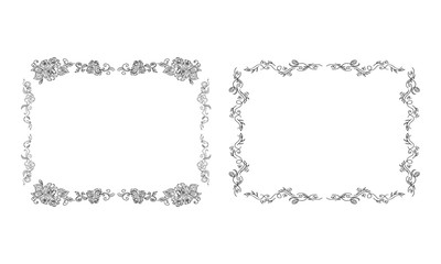 Tropical hand-drawn floral rectangular shaped frames. Outline set. Jungle illustration. Floral set. Vector isolated collection. Natural spring wedding card. Summer tropical leaf. Botanical frames