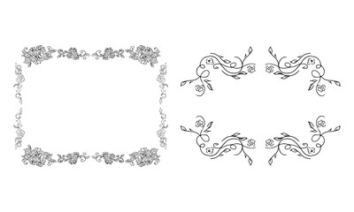 Tropical hand-drawn floral rectangular shaped frames. Outline set. Jungle illustration. Floral set. Vector isolated collection. Natural spring wedding card. Summer tropical leaf. Botanical frames