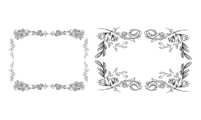 Tropical hand-drawn floral rectangular shaped frames. Outline set. Jungle illustration. Floral set. Vector isolated collection. Natural spring wedding card. Summer tropical leaf. Botanical frames