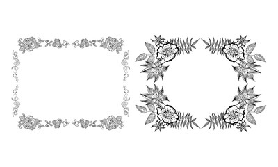 Tropical hand-drawn floral rectangular shaped frames. Outline set. Jungle illustration. Floral set. Vector isolated collection. Natural spring wedding card. Summer tropical leaf. Botanical frames