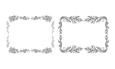 Tropical hand-drawn floral rectangular shaped frames. Outline set. Jungle illustration. Floral set. Vector isolated collection. Natural spring wedding card. Summer tropical leaf. Botanical frames