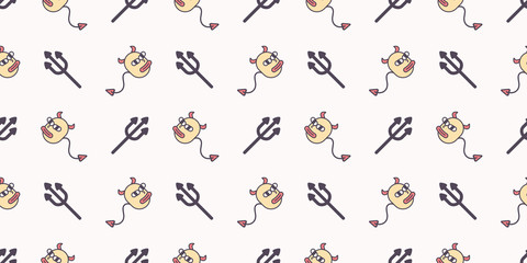 Cute devil face with horn on head emoticon and trident seamless pattern.