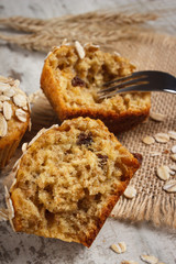 Fresh muffins with oatmeal baked with wholemeal flour and ears of rye grain, delicious healthy dessert