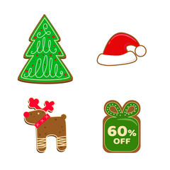 Set of Christmas cookies on white background.  Vector elements for discount tags, promotion stickers, invitation, cards, postcards, lables, flyer, banner, poster, textil design.
