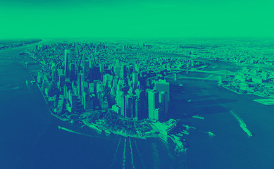 Aerial view of Lower Manhattan, New York with green duotone with duotone