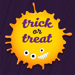 Trick or treat banner with quick-sighted blot monster on wooden background. Vector elements for halloween web banner, flyer, cards and poster design.