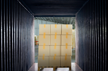 Packaging Boxes Stacked on Pallets Loading into Shipping Cargo Container. Delivery Trucks. Supply Chain Distributions. Cargo Shipment. Freight Truck Transport. Logistics	