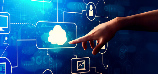 Cloud computing with hand pressing a button on a technology screen