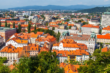 Ljubljana, Slovenia, August 5, 2019. Picturesque city view from the review site Ljubljanski grad