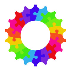 Colorful puzzle pieces forming a circle gear 