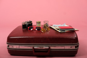 luggage baggage camera eyeglasses money. journey trip travel vacation