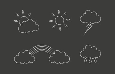 Black and white chalk drawn illustration. Cloud, sun, rain, rainbow and lightning. Weather forecast in different variants