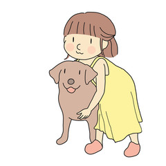 Vector illustration of little kid playing with lovely dog. Curious kid touching little dog. Happy children day, child playing, pet concept. Cartoon character drawing.