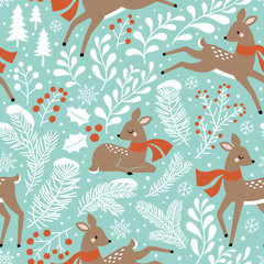 Seamless vector pattern with cute Christmas deer, pine trees, berries and snowflakes on light blue background. Perfect for textile, wallpaper or print design.