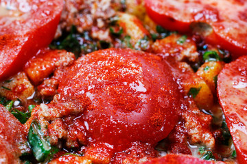 Traditional tomato, fish and cheese casserole. Italian food.