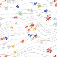Fototapeta na wymiar Cartoon cosmic background: cute stars on wavy fluid textured backdrop