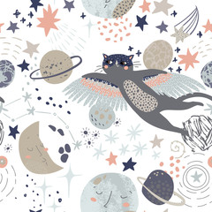 Cartoon cosmic background: flying cat in superhero mask, cute planets, moon, shooting stars, galaxy, milky way.