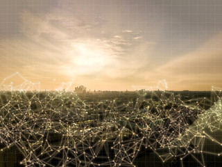 the city covered with the communication lines, phone or internet connection in urban