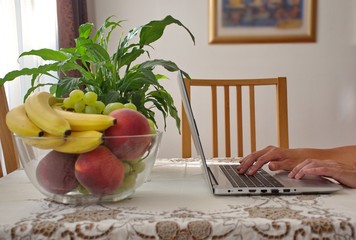 Midsection of woman using laptop sitting by the table with fruits and potted plant on it