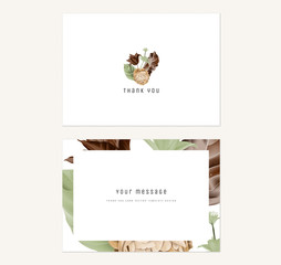 Floral thank you card template design, flowers bouquet in green and brown tones on white