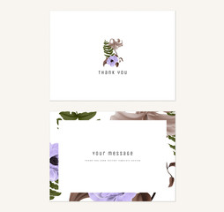 Floral thank you card template design, flowers bouquet in purple, green and brown tones on white