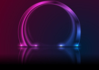 Blue and ultraviolet neon laser circle arch with reflection. Abstract ring technology retro background. Futuristic glowing electric graphic design. Modern vector illustration