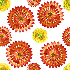 Watercolor hand-drawn pattern. Yellow bud ranunculus. Dahlia flower brightly colored double red and orange. Illustration isolated on white.