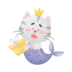Mermaid cat holds a gift. Vector illustration on a white background.