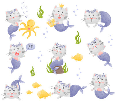 Set of images of cartoon cat mermaid. Vector illustration on a white background.