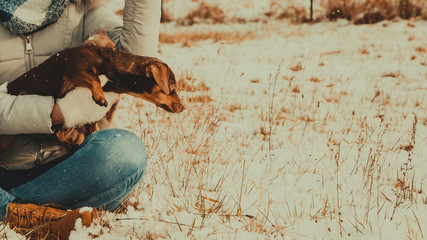 Woman playing with dog during winter