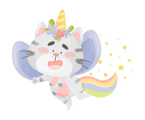 Cat unicorn with blue wings. Vector illustration on a white background.