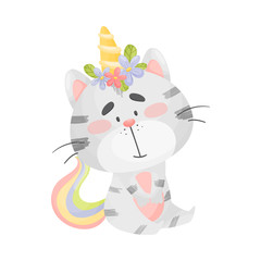 Unicorn cat is sitting. Vector illustration on a white background.