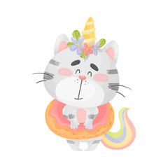 Cat unicorn with a lifebuoy. Vector illustration on a white background.