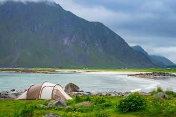 Tent on sea shore, Lofoten Norway