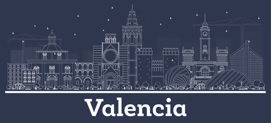 Outline Valencia Spain City Skyline with White Buildings.