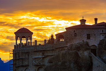 Sunset over Varlaam monastery in Meteora, Greece