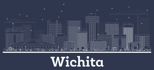 Naklejka premium Outline Wichita Kansas City Skyline with White Buildings.