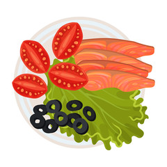 Round plate with slices of red fish and vegetables. Vector illustration.