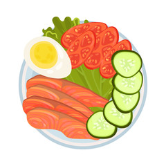 Sliced fish and vegetables on a round plate. Vector illustration.